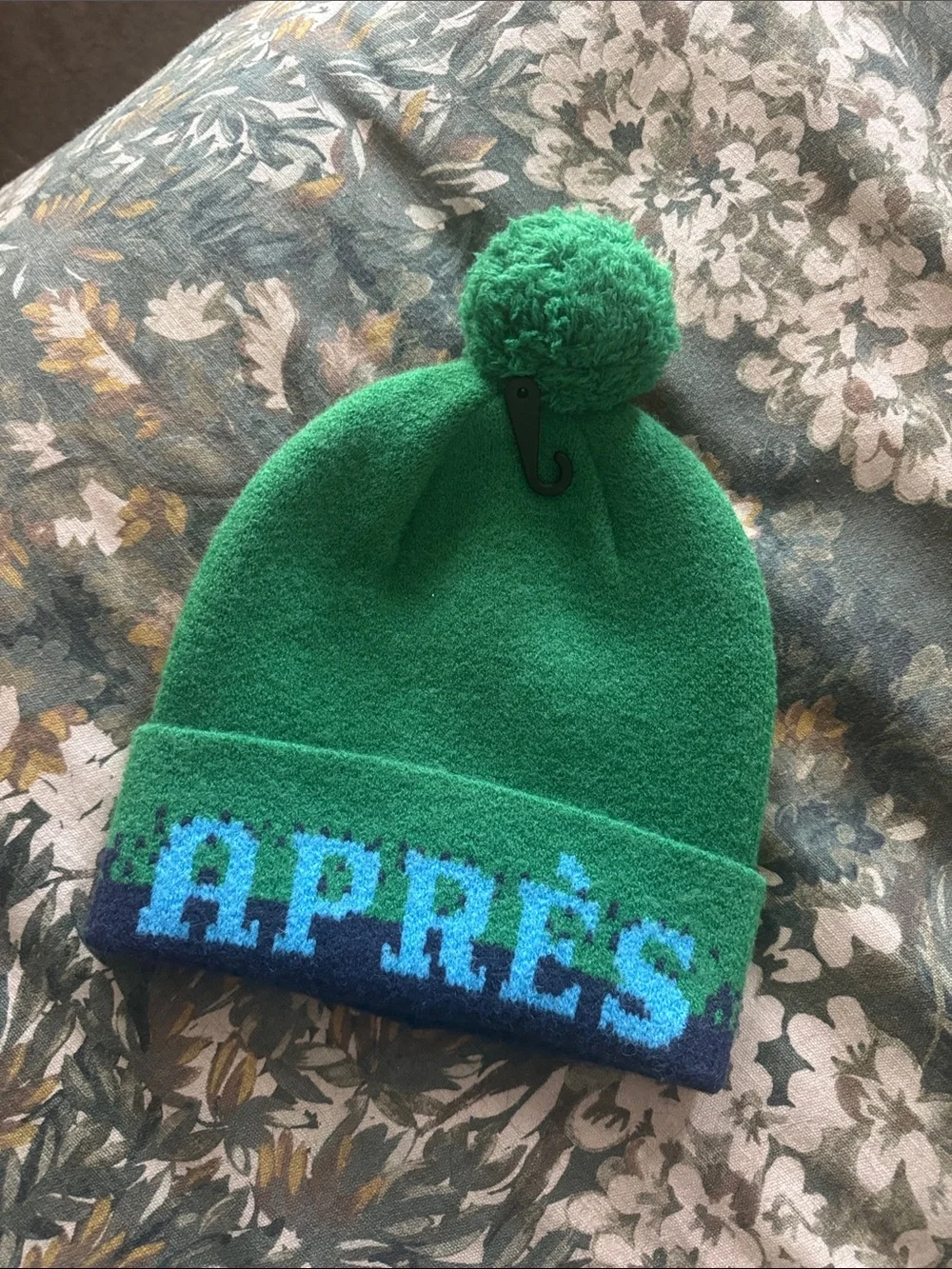 Green Pom Pom Beanie with 'APRÈS' Knit Detail